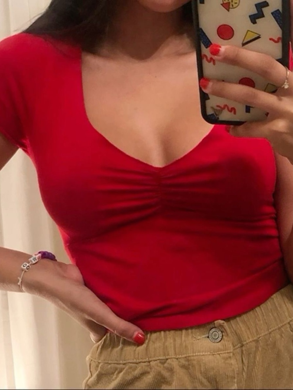Brandy Melville Red Ruched V-Neck Short Sleeve Tee